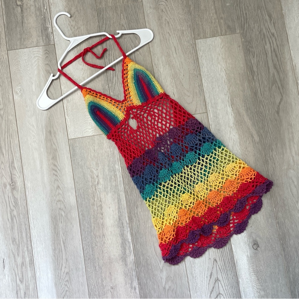 Rainbow Crochet Dress halter mini knit womens (small) beach summer vacation